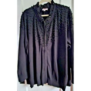 Quacker Factory‎ black Beaded ruffle satin neck sweater full zip woman Sz 3X